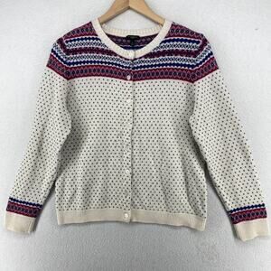 TALBOTS Sweater PL Cardigan Lambswool Nordic Fair Isle Birdseye Button Up Ivory